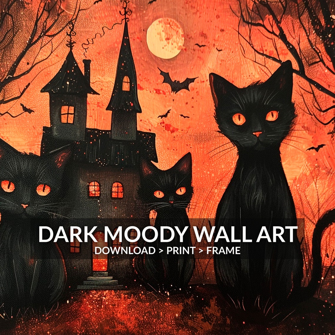 Three Black Cats Haunted House Spooky Halloween Night Scene Poster - Image 6