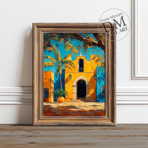 Colorful Mexican Colonial Building With Palm Tree Rustic Poster