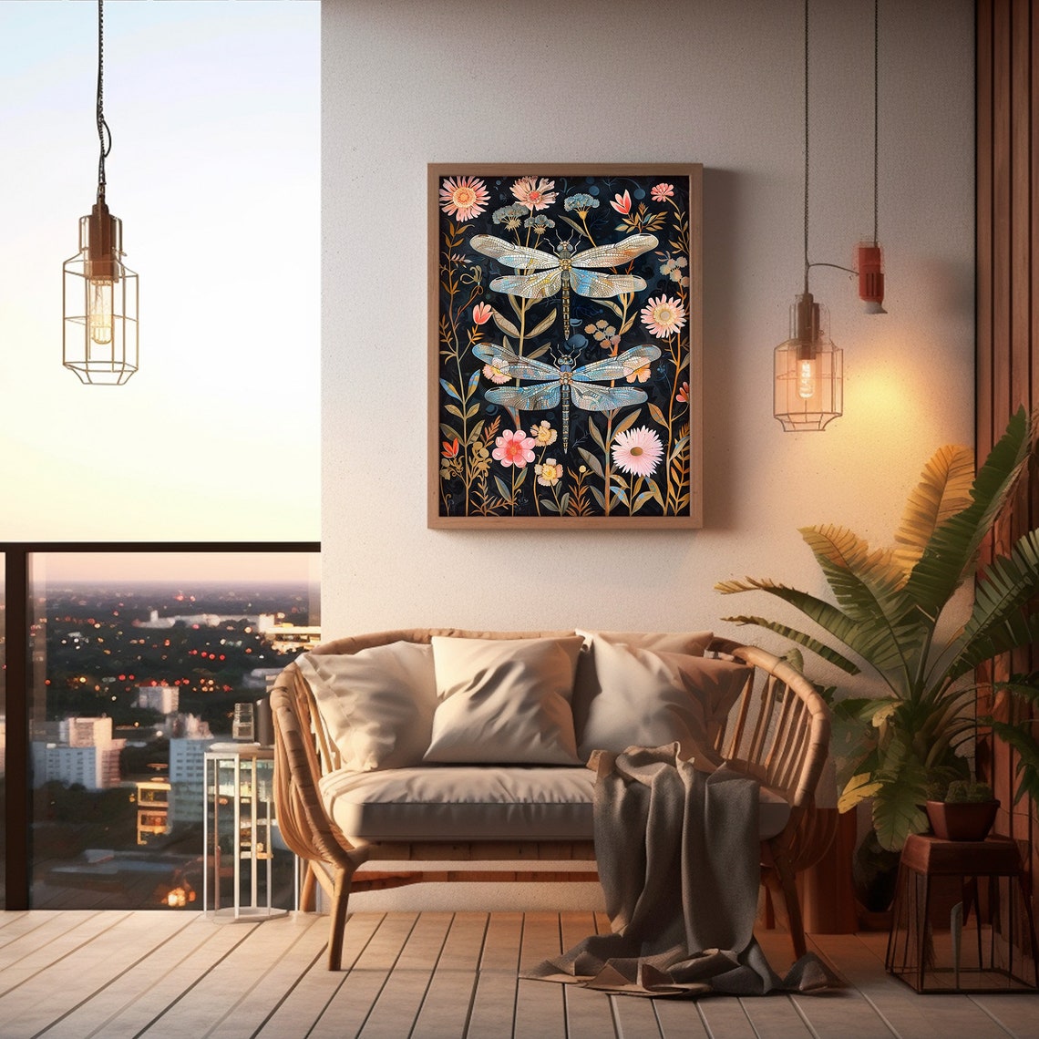 Dark Botanical Dragonfly Floral Black Background Painting Poster - Image 5