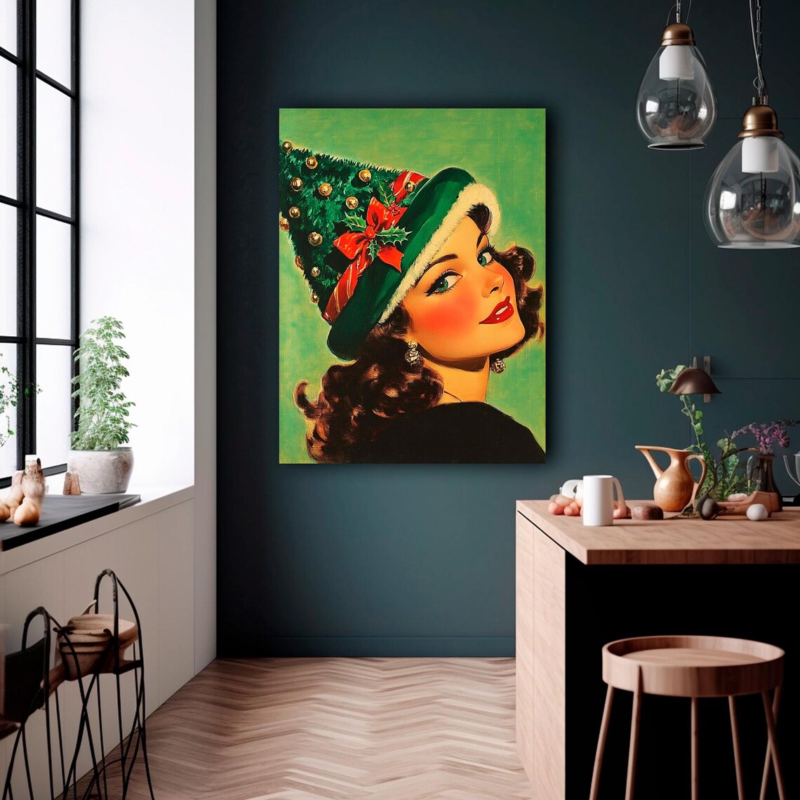 Retro Christmas Pin Up Woman Tree Hat Vintage Art Style Poster - Image 4