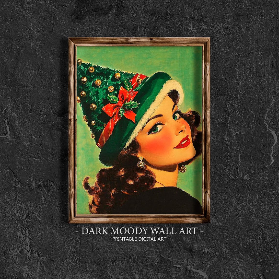 Retro Christmas Pin Up Woman Tree Hat Vintage Art Style Poster