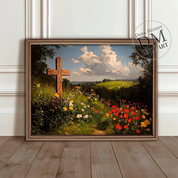 Wooden Cross Wildflower Meadow Valley Sunrise Faith Art Poster
