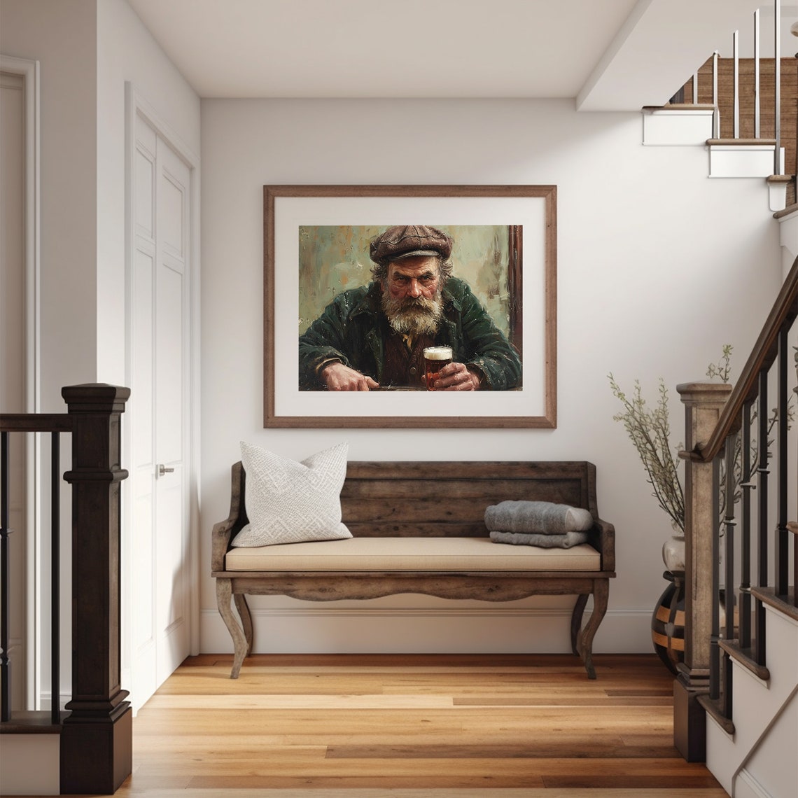 Old Man Portrait With Beer Glass Rustic Dark Moody Painting Poster - Image 2