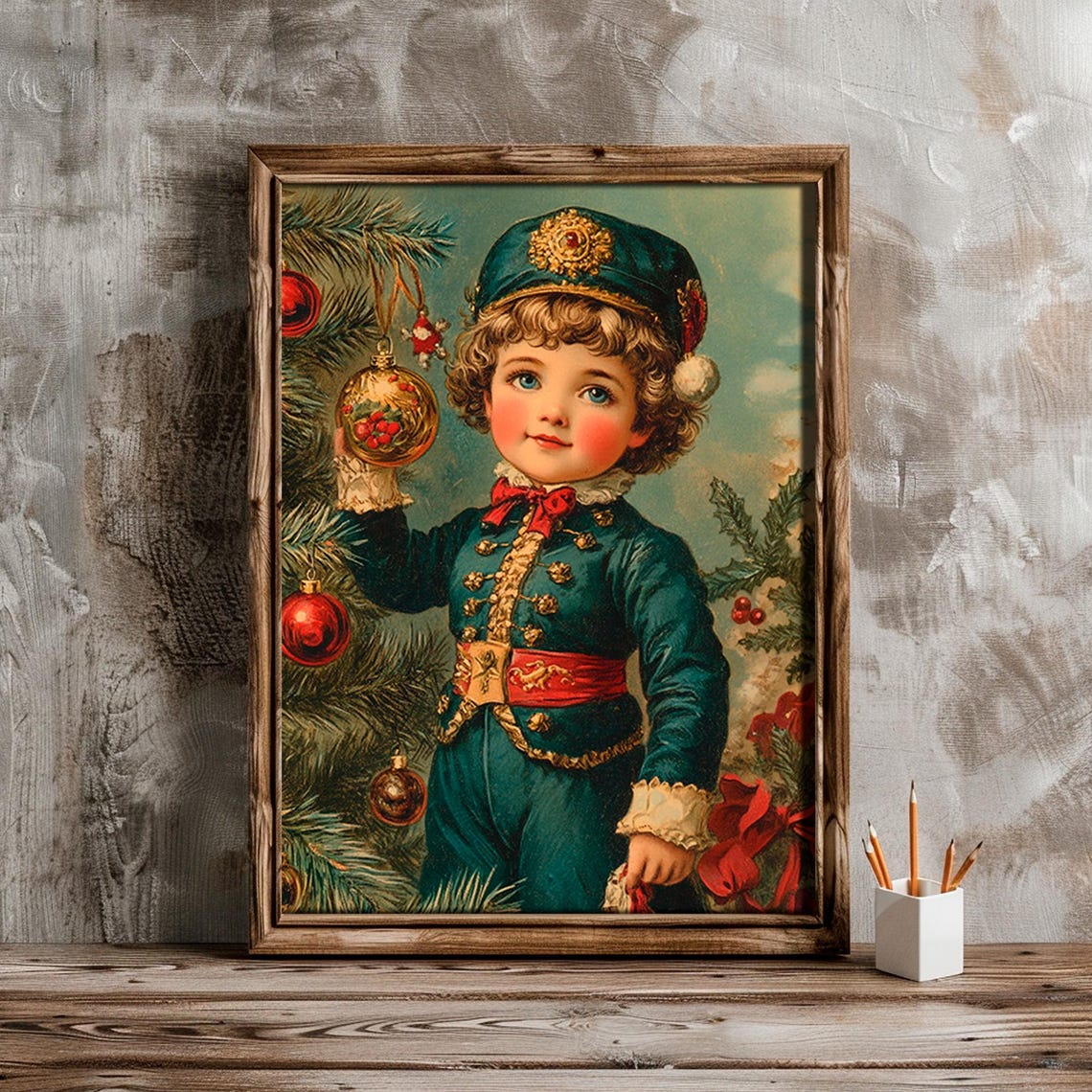 Vintage Christmas Boy Decorating Tree Antique Style Painting Poster - Image 6