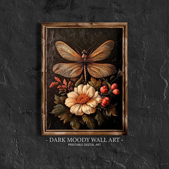 Vintage Floral Dragonfly Prints Botanical Dark Cottagecore Wall Art Moody Dark Academia Home Decor Farmhouse Lacquer Painting