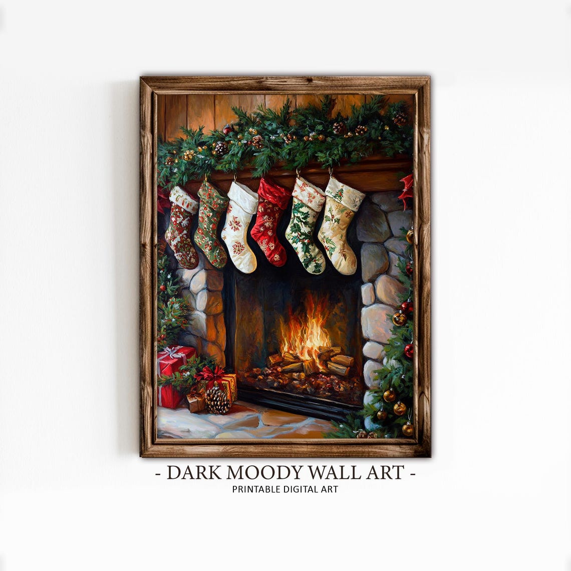Cozy Fireplace With Hung Stockings and Gifts Christmas Wall Art - Image 2