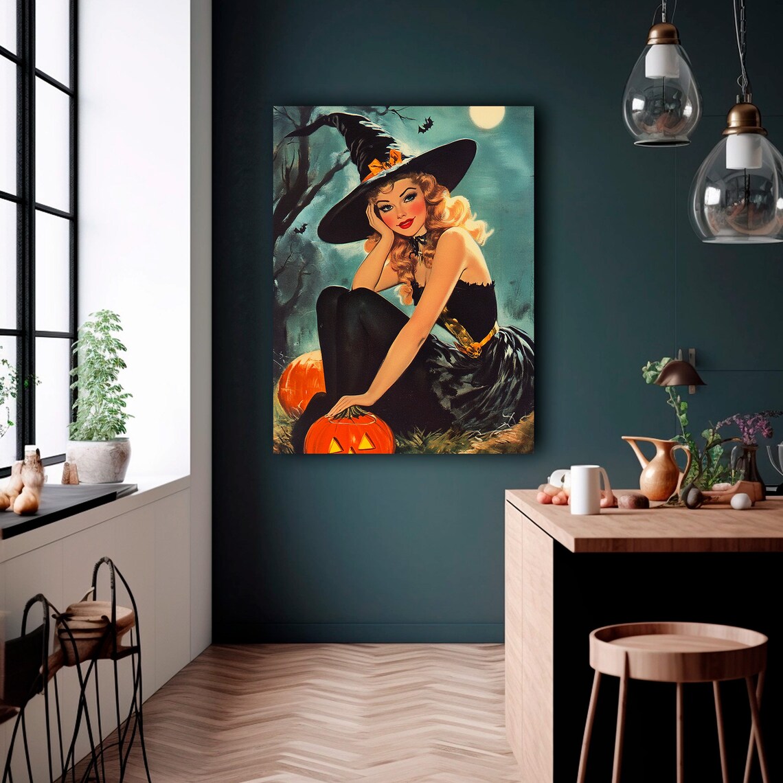 Retro Pinup Witch With Pumpkin Moonlit Halloween Painting Print - Image 3