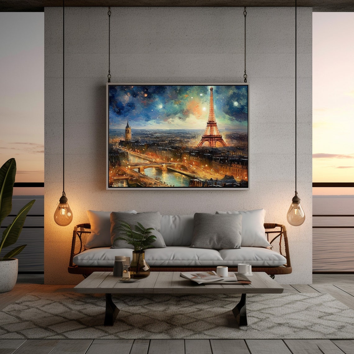Paris Night Eiffel Tower Cityscape Starry Sky Painting Poster - Image 3