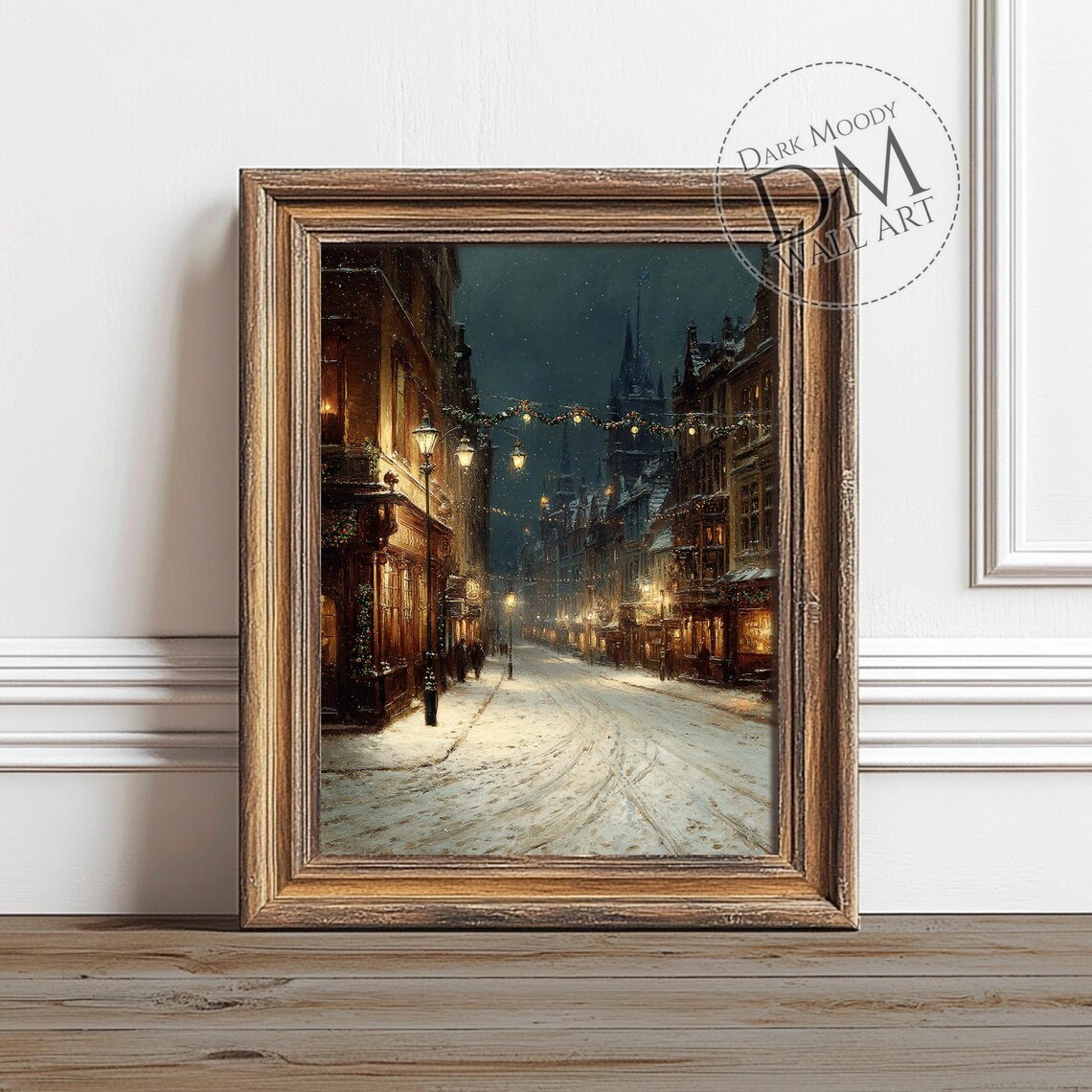 Victorian Christmas Street Poster, Snowy Winter Night Scene