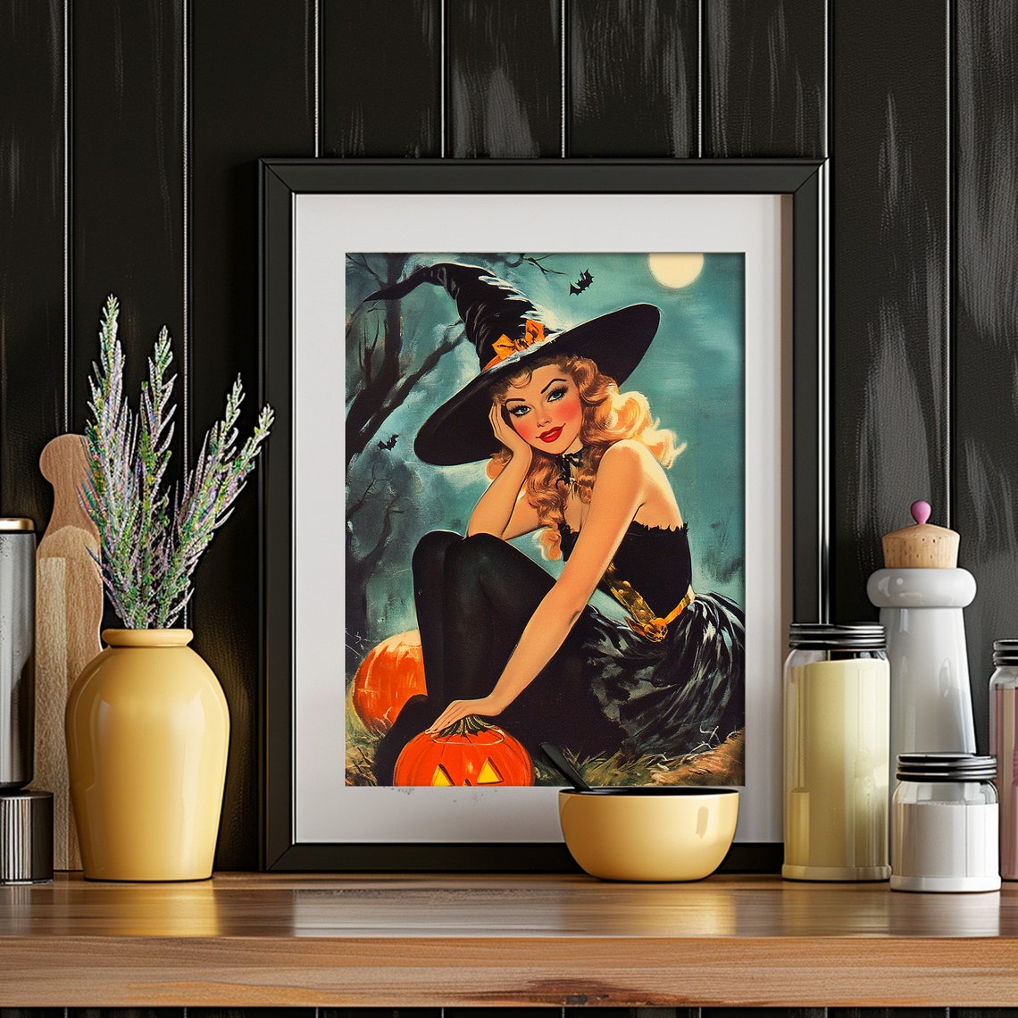 Retro Pinup Witch With Pumpkin Moonlit Halloween Painting Print - Image 5