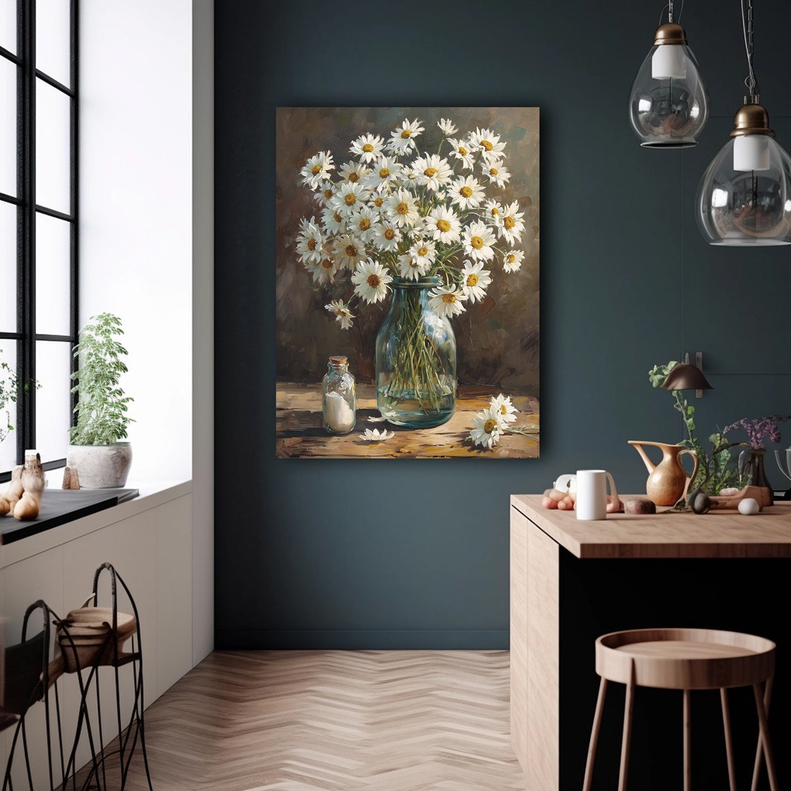 White Daisies Glass Jar Rustic Vintage Floral Art Decor Poster - Image 2