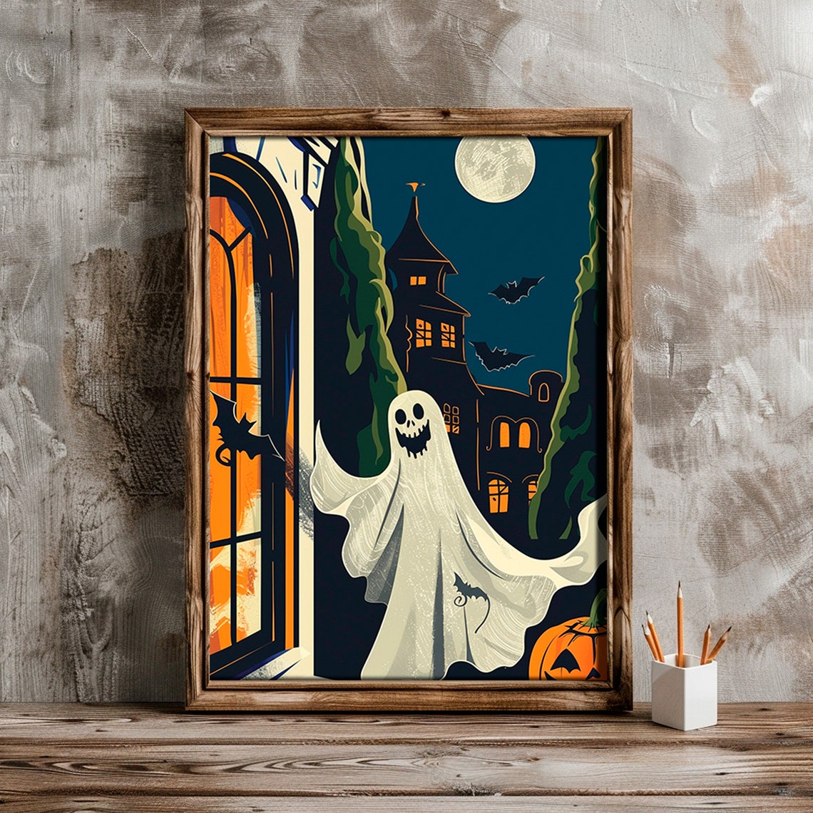 Happy Ghost Haunted House Full Moon Vintage Halloween Art Print - Image 4