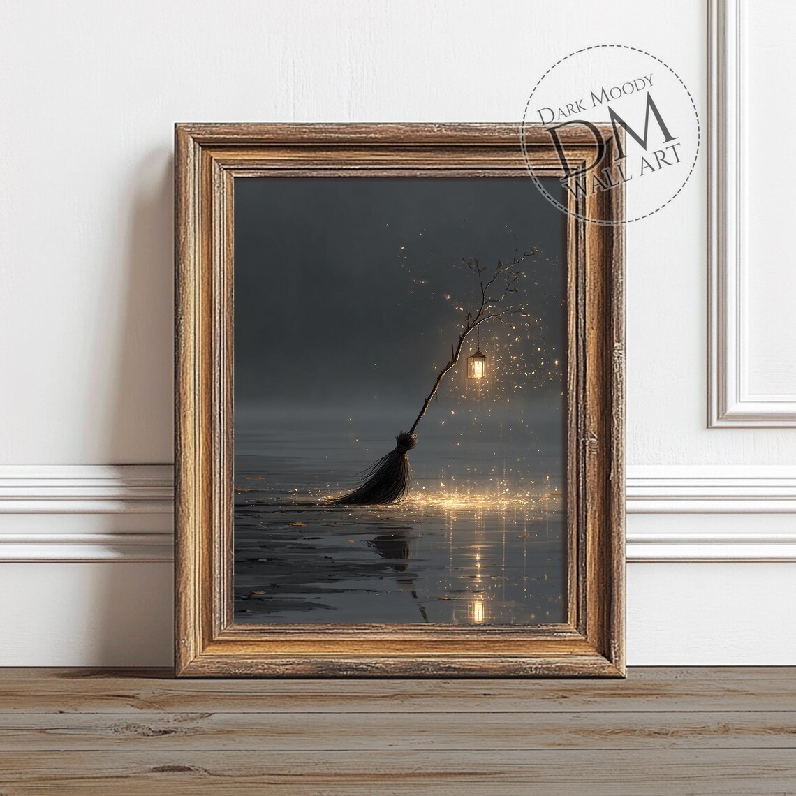 Witch Broom With Lantern, Gothic Magic Art Print