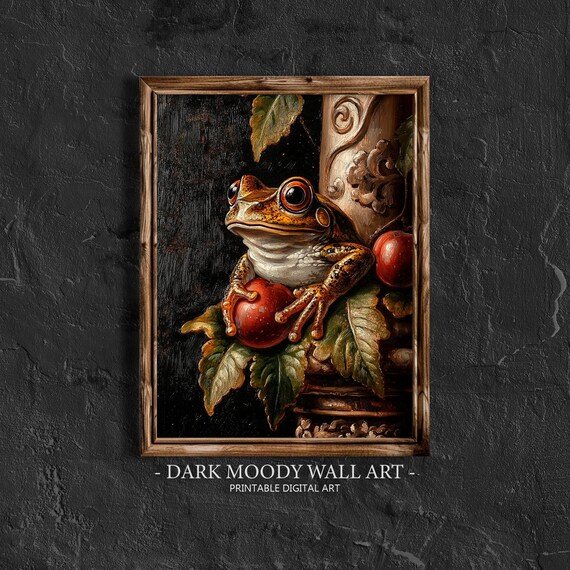 Frog Dark Cottagecore Gothic Botanical Toad Red Fruit Moody Painting Poster
