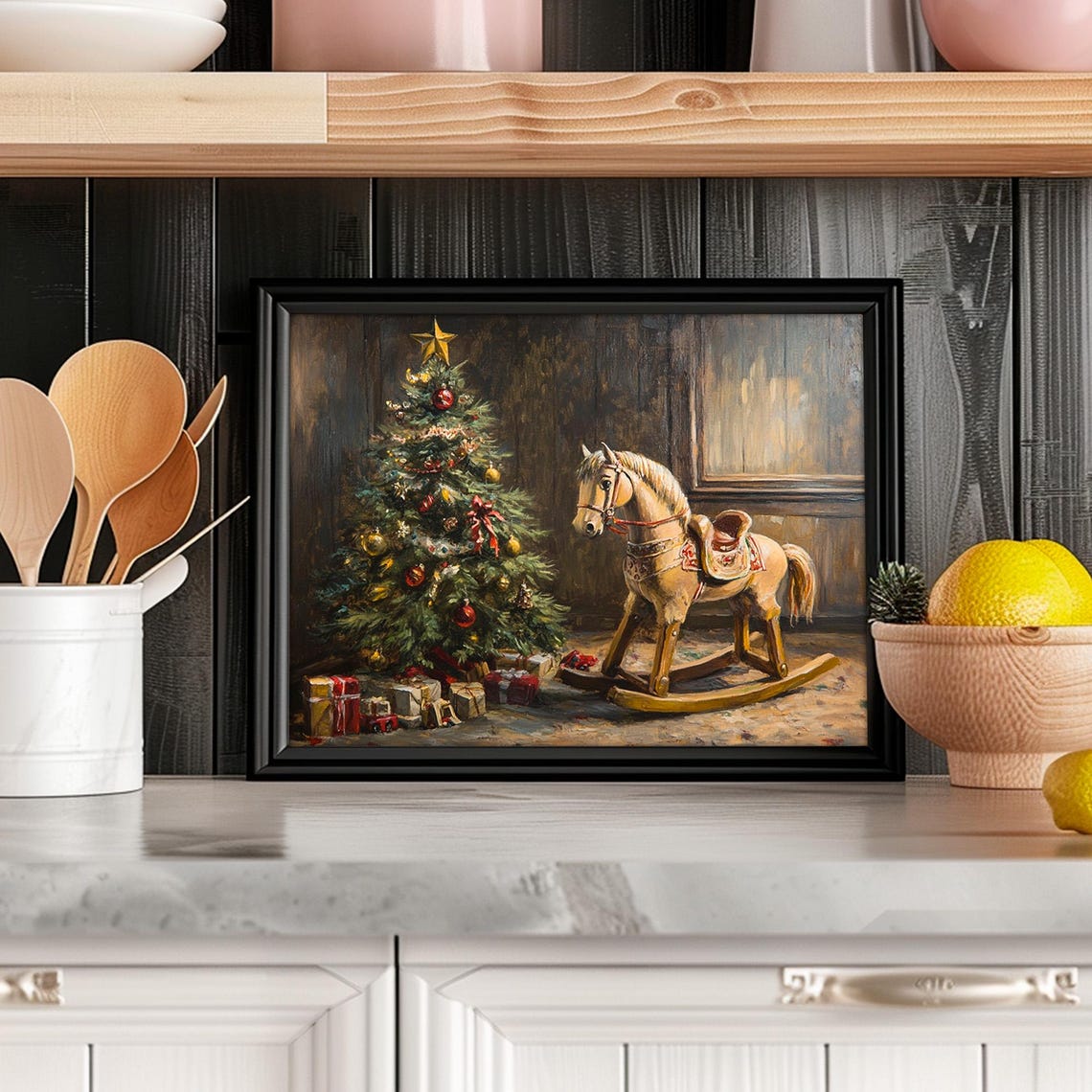 Vintage Rocking Horse Beside Decorated Christmas Tree Wall Art - Image 6