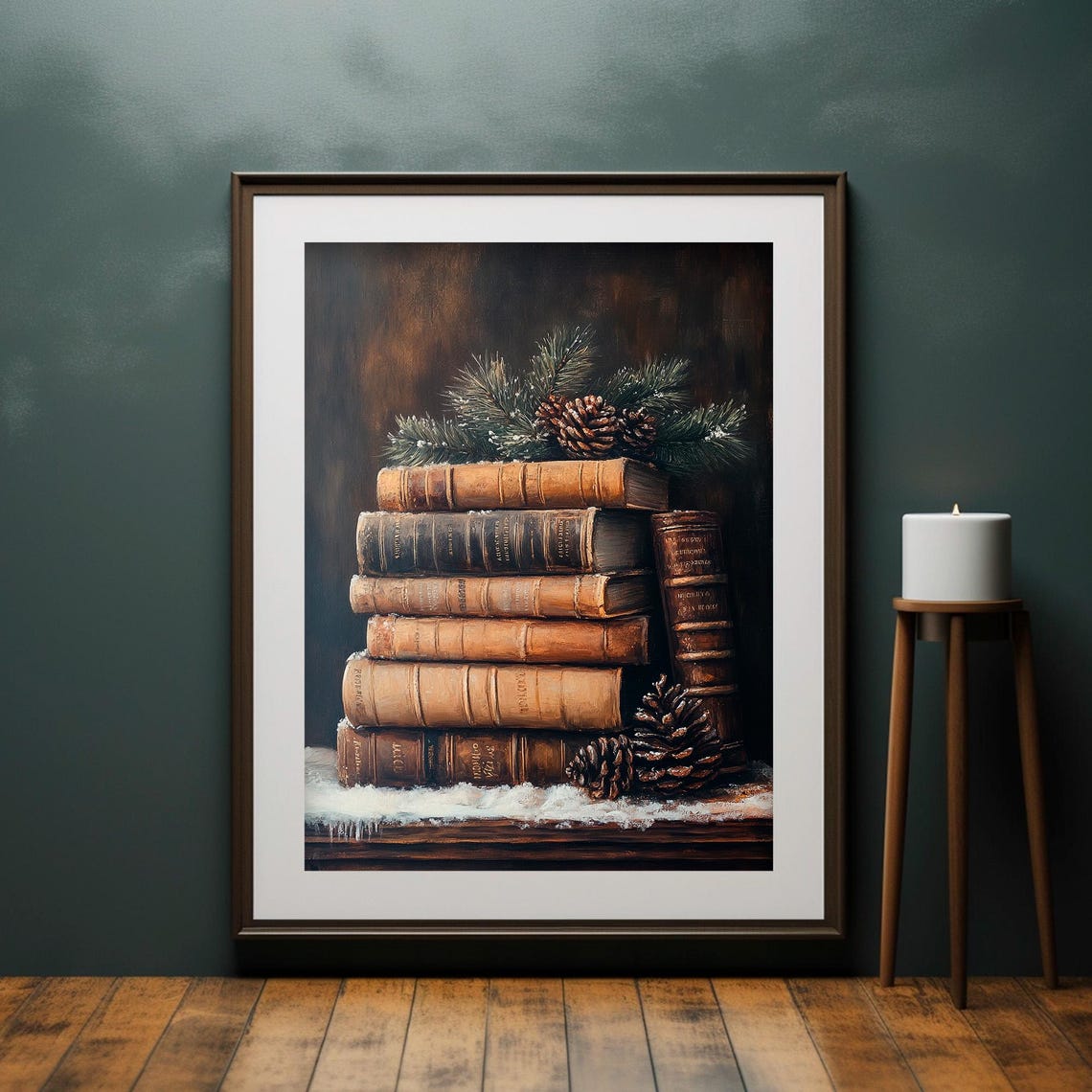 Vintage Books Stacked With Pine Cones Moody Holiday Winter Wall Art - Image 4