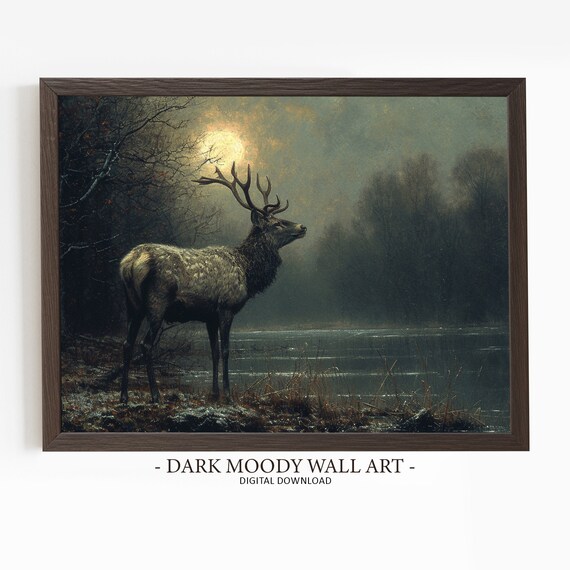 Majestic Stag Under a Full Moon by a Misty Lake Wildlife Painting Poster