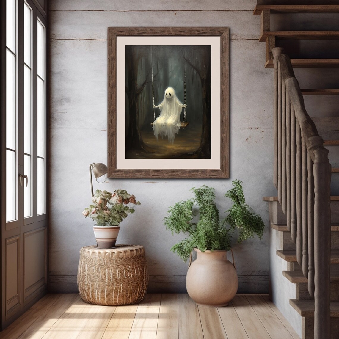 Cute Ghost on Rope Swing in Dark Forest Moody Halloween Painting Poster - Image 5