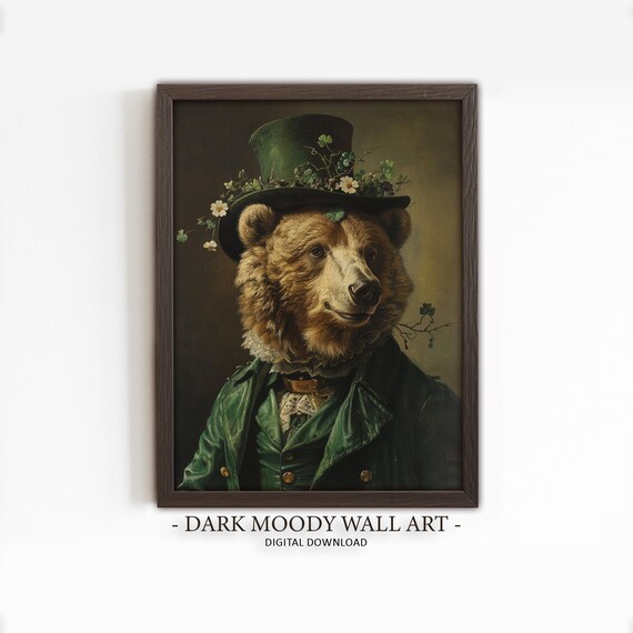 St Patricks Day Irish Bear Shamrock Art, Rustic Clover