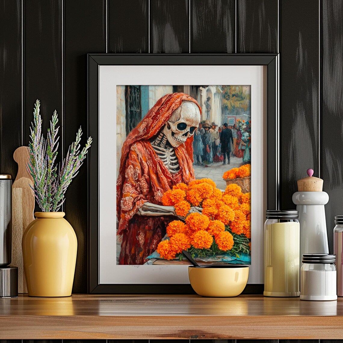 Day of the Dead Skeleton Flower Seller Marigolds Mexican Market Portrait Poster - Image 4