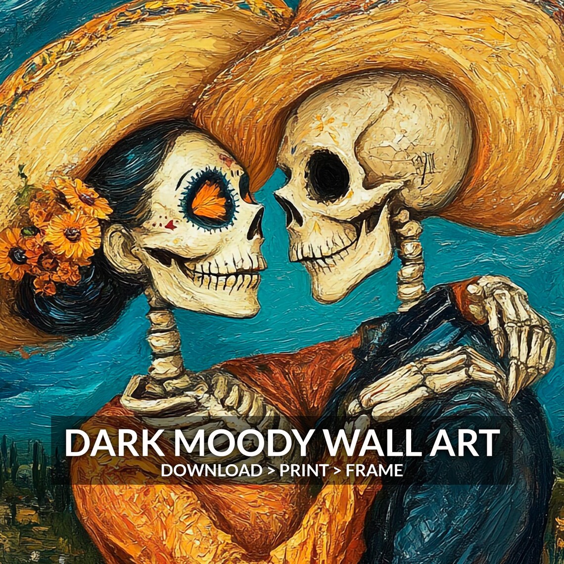 Day of the Dead Skeleton Couple Starry Night Embrace Sugar Skull Portrait Poster - Image 4