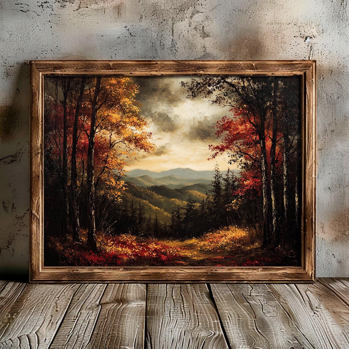 Dark Fall Forest Mountain Valley Stormy Sky Moody Landscape Painting Poster - Image 2