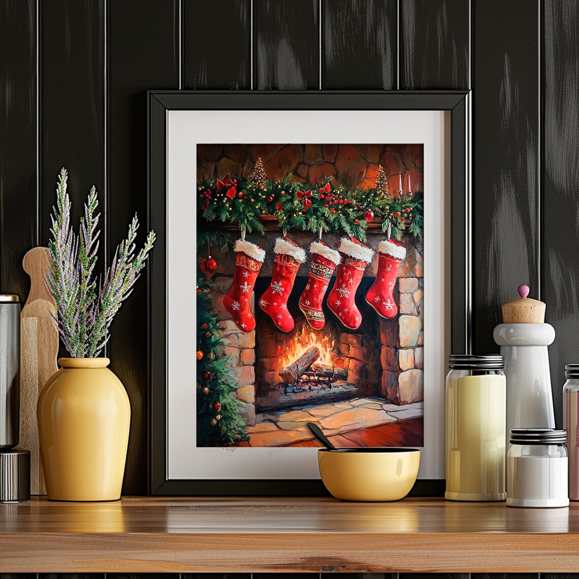 Red Christmas Stockings Fireplace Garland Cozy Night Art Print - Image 6