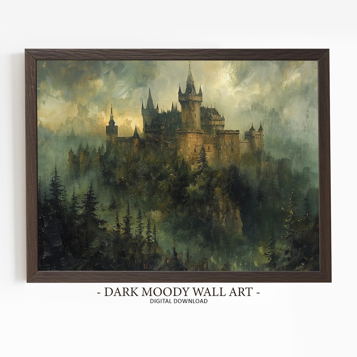 Gothic Castle Painting, Dark Moody Landscape Art Print