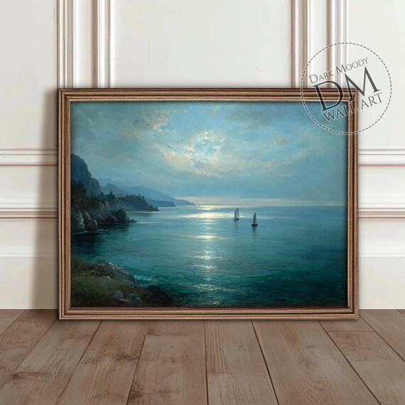 Amalfi Coast Sailing Travel Poster, Moody Mediterranean Seascape