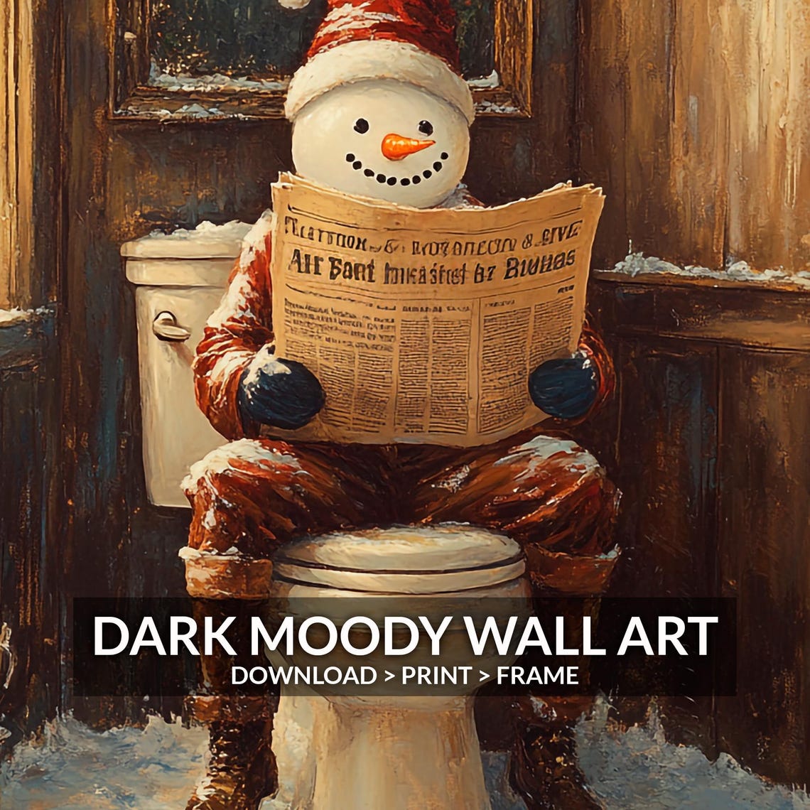 Funny Christmas Snowman Reading Newspaper on Toilet Bathroom Wall Art - Image 6