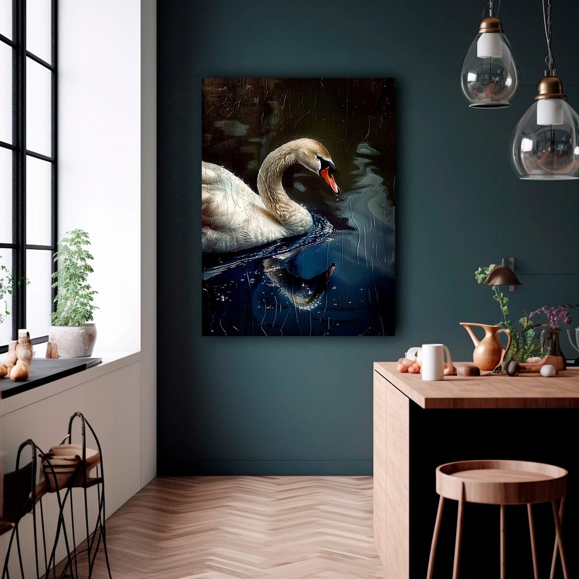 White Swan Portrait Dark Moody Water Painting Vintage Bird Wall Art - Image 5