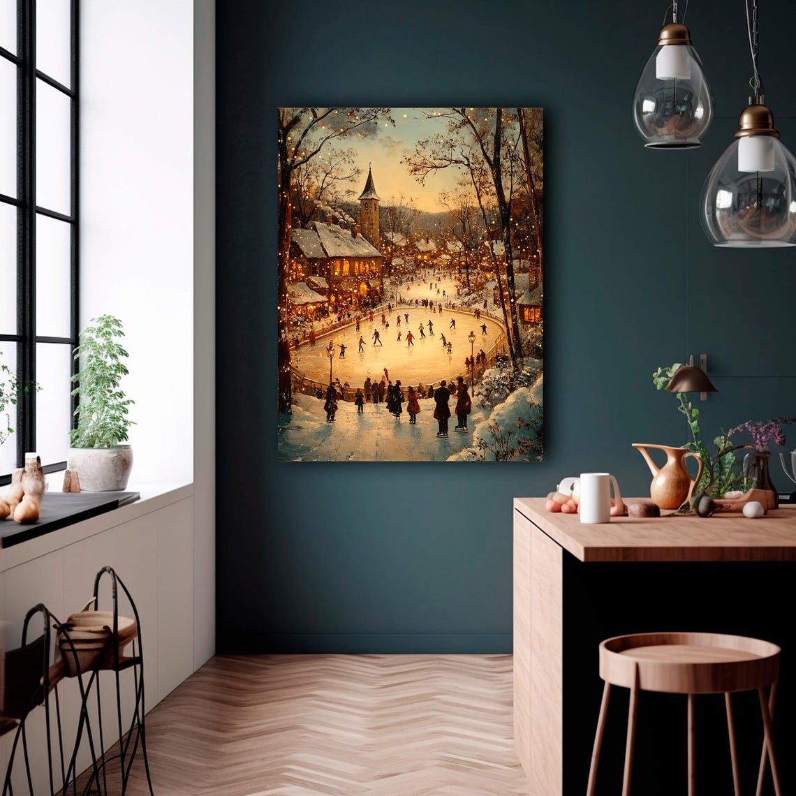 Village Ice Rink Skaters Dusk Crowds Winter Vintage Painting Poster - Image 4