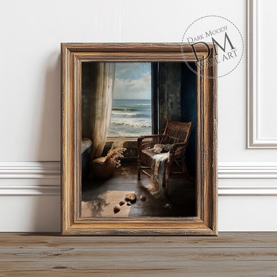 Rattan Chair By Seaside Window Shells Coastal Moody Wall Art