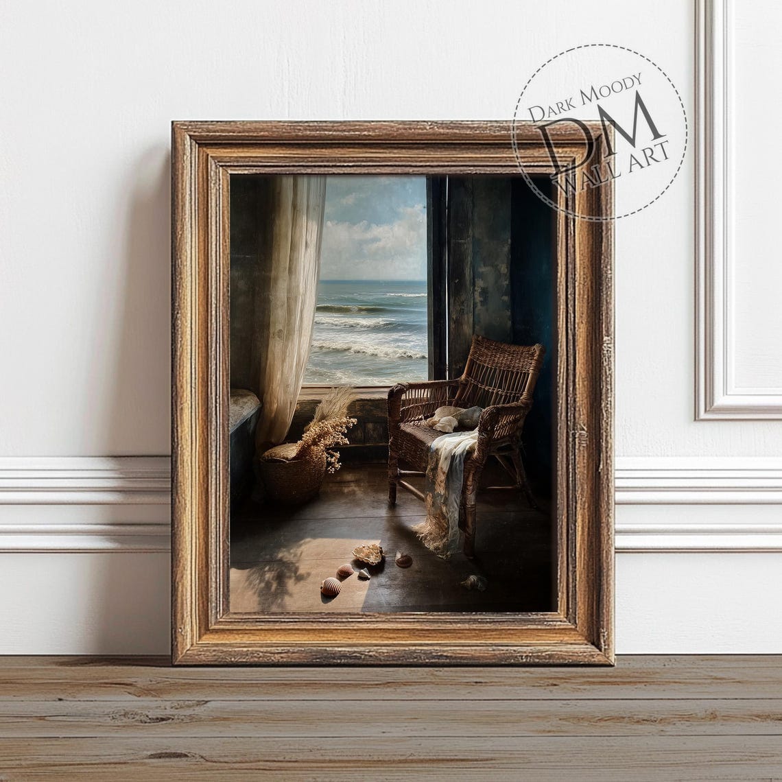 Rattan Chair By Seaside Window Shells Coastal Moody Wall Art