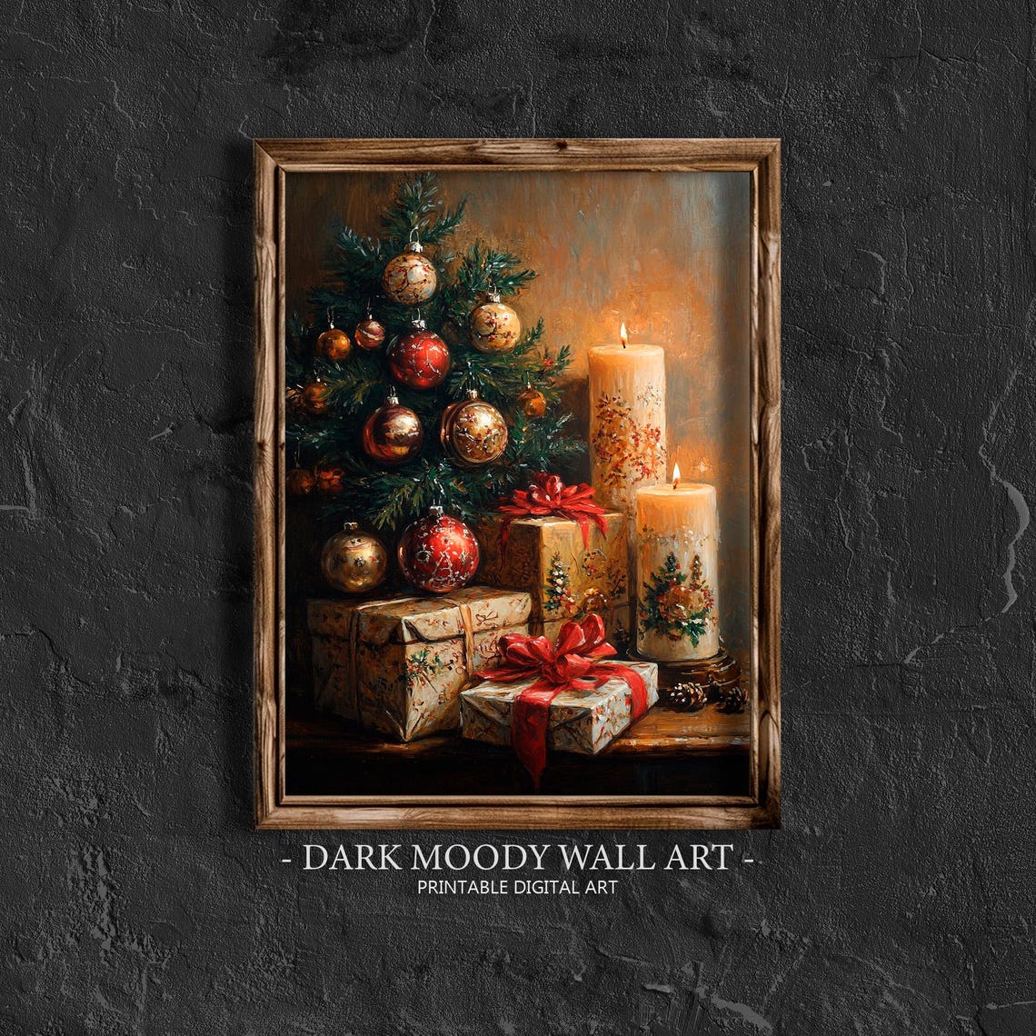 Small Christmas Tree Red Gold Ornaments Gifts Candles Poster