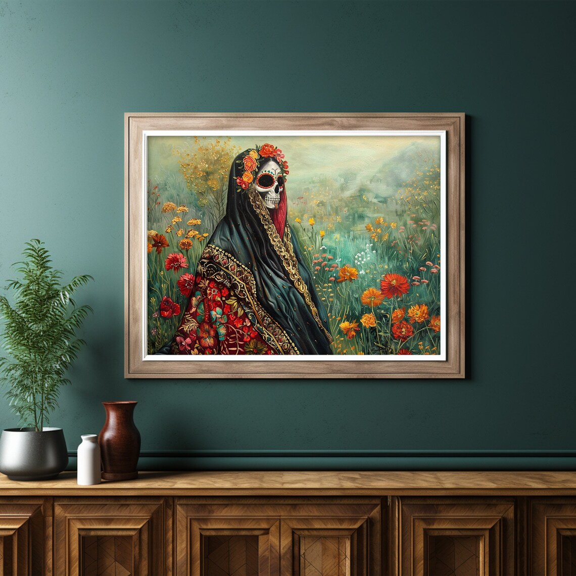 Calavera Catrina with a Flower Crown in a Wildflower Field Art Poster - Image 6
