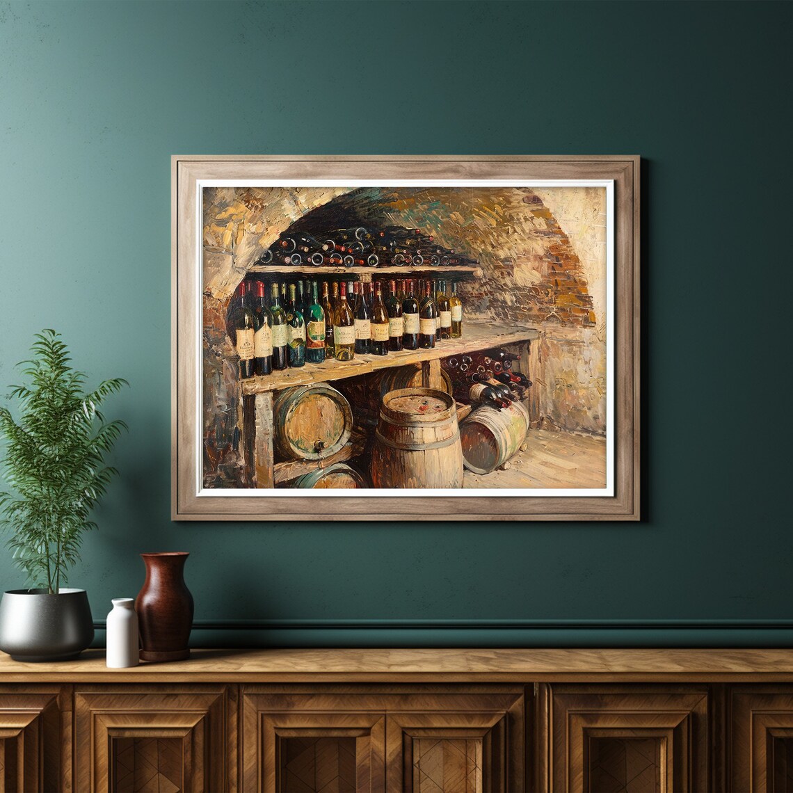 Old Stone Wine Cellar With Barrels and Bottles Rustic Bar Painting Poster - Image 6
