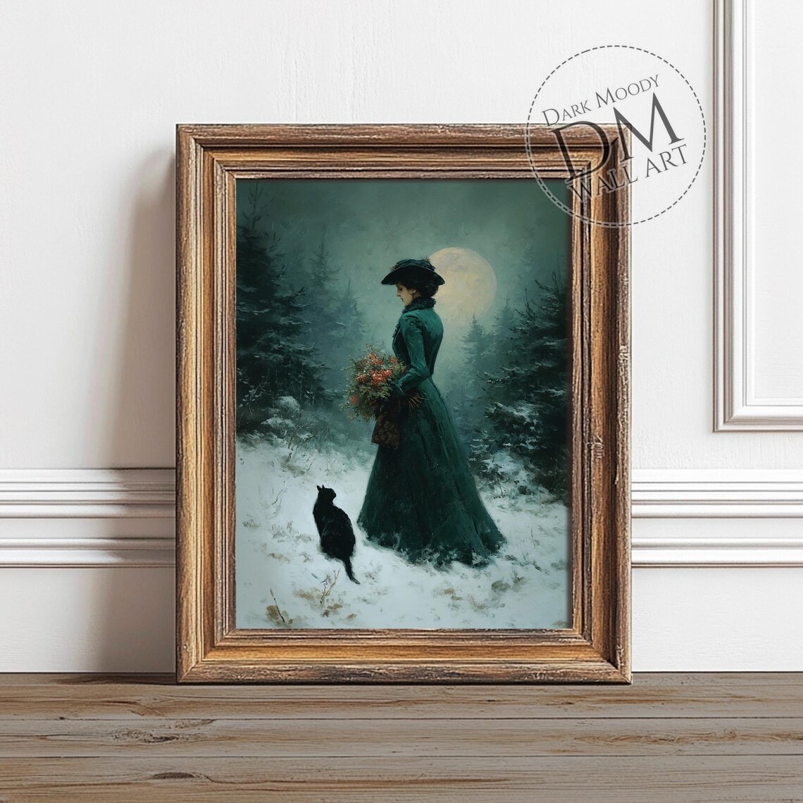 Gothic Woman Winter Moon Black Cat Forest Art Print