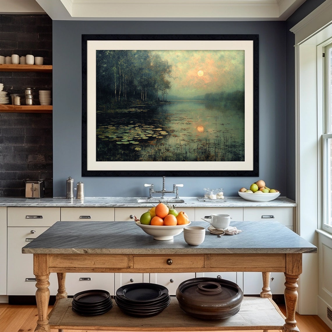 Misty Pond Water Lilies Birch Trees Sunset Glow Landscape Poster - Image 4