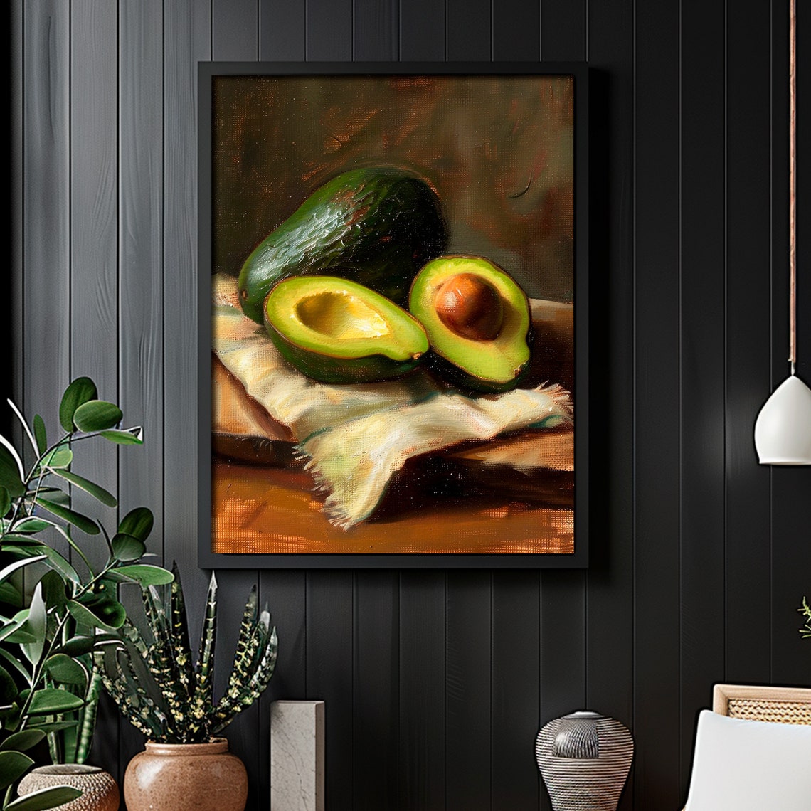 Avocado Print Moody Kitchen Wall Decor Dark Still Life Painting Rustic Farmhouse Vegetable Wall Art - Image 4