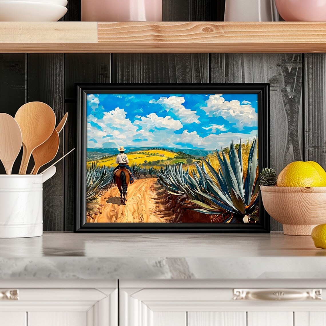 Cowboy Horse Agave Fields Colorful Mexican Landscape Painting Poster - Image 5