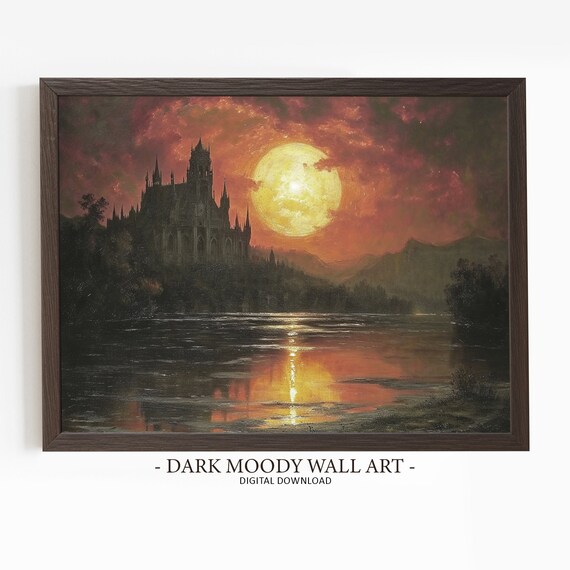 Medieval Castle Under Giant Blood Red Moon Over Lake Gothic Night Painting Poster