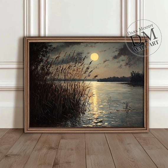 Moonlit River Landscape Wall Art Moody Night Seascape