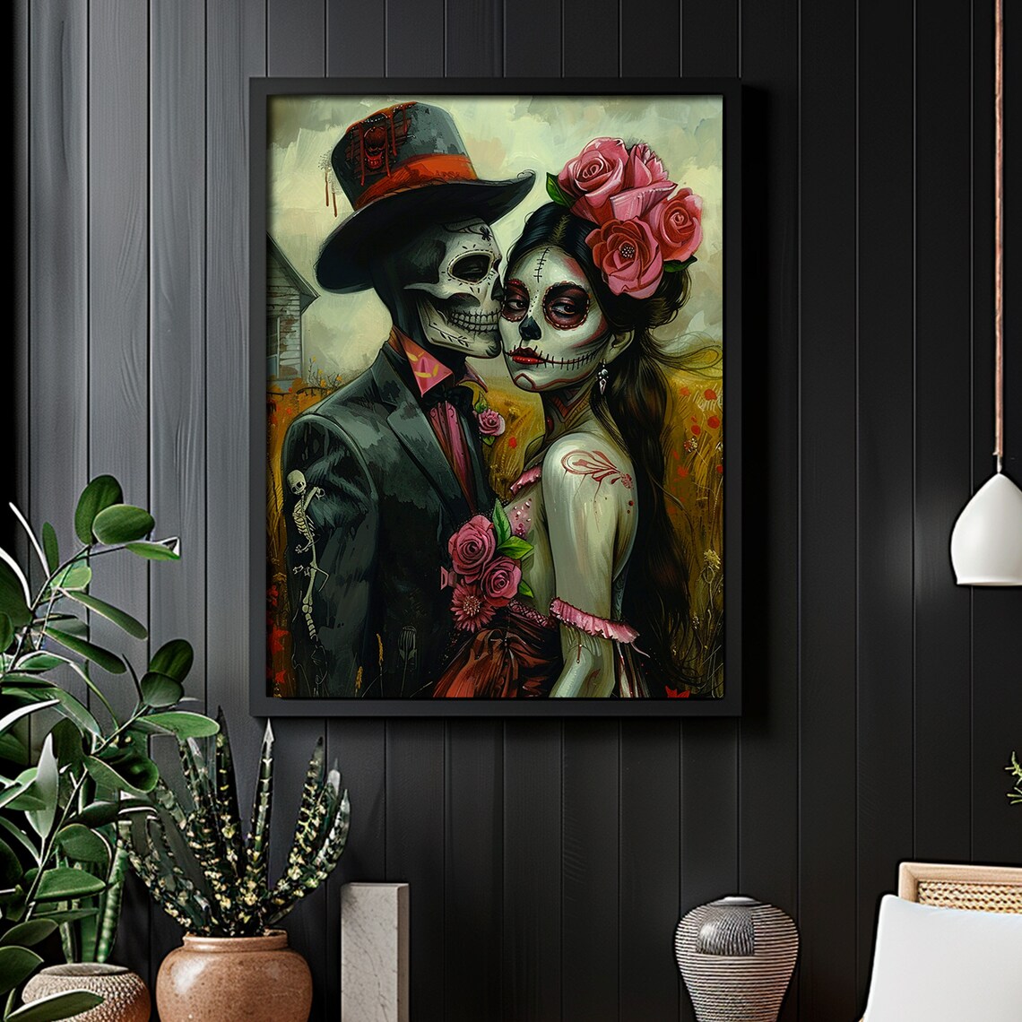 Day of Dead Skeleton Couple Embrace Pink Roses Romantic Painting Poster - Image 2