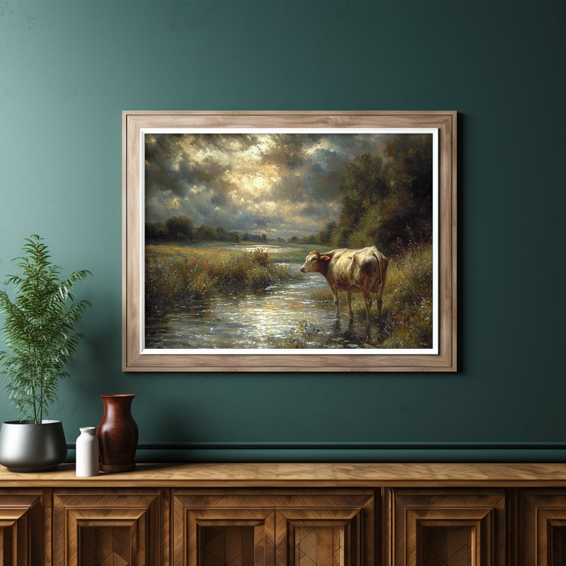 Cow Drinking Stream Dramatic Sky Vintage Farmhouse Animal Poster - Image 6