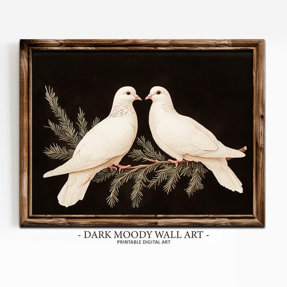 Doves Print Vintage Christmas Painting Winter Birds Wall Art Dark Moody Holiday Decor