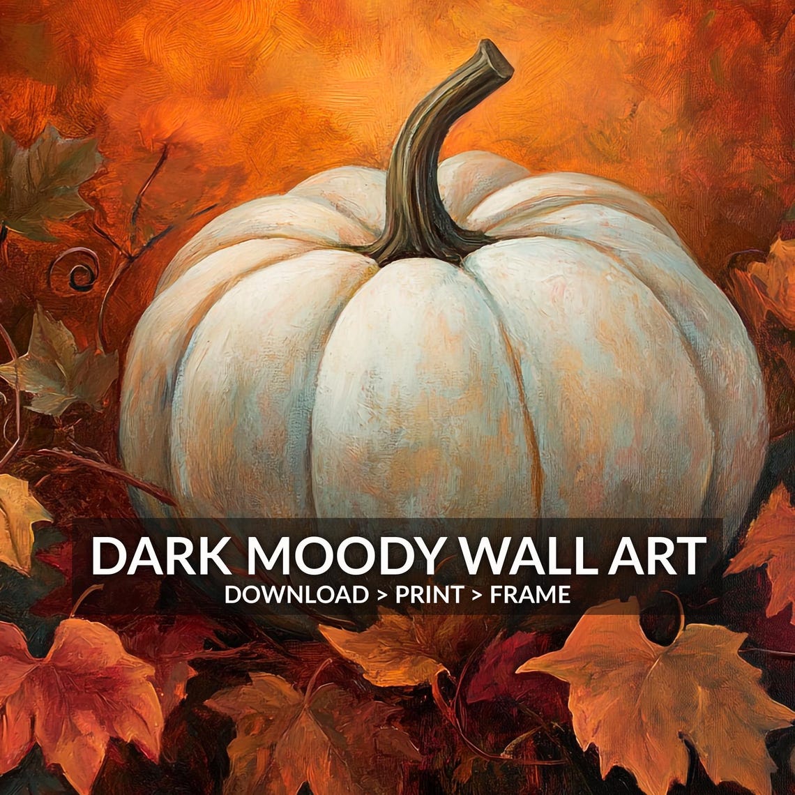 White Pumpkin Autumn Oil Painting Moody Fall Harvest Wall Art - Image 6