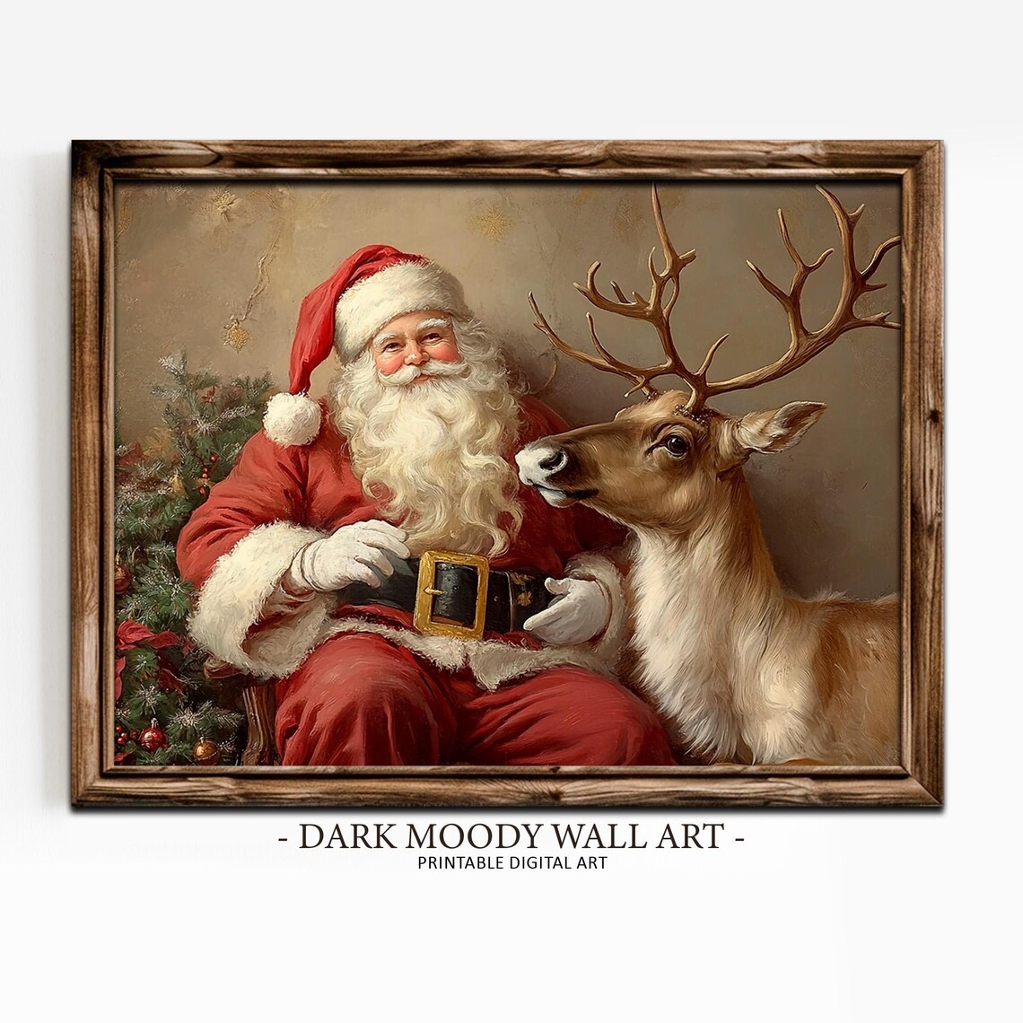 Santa Reindeer Christmas Art Print, Vintage Rustic Holiday