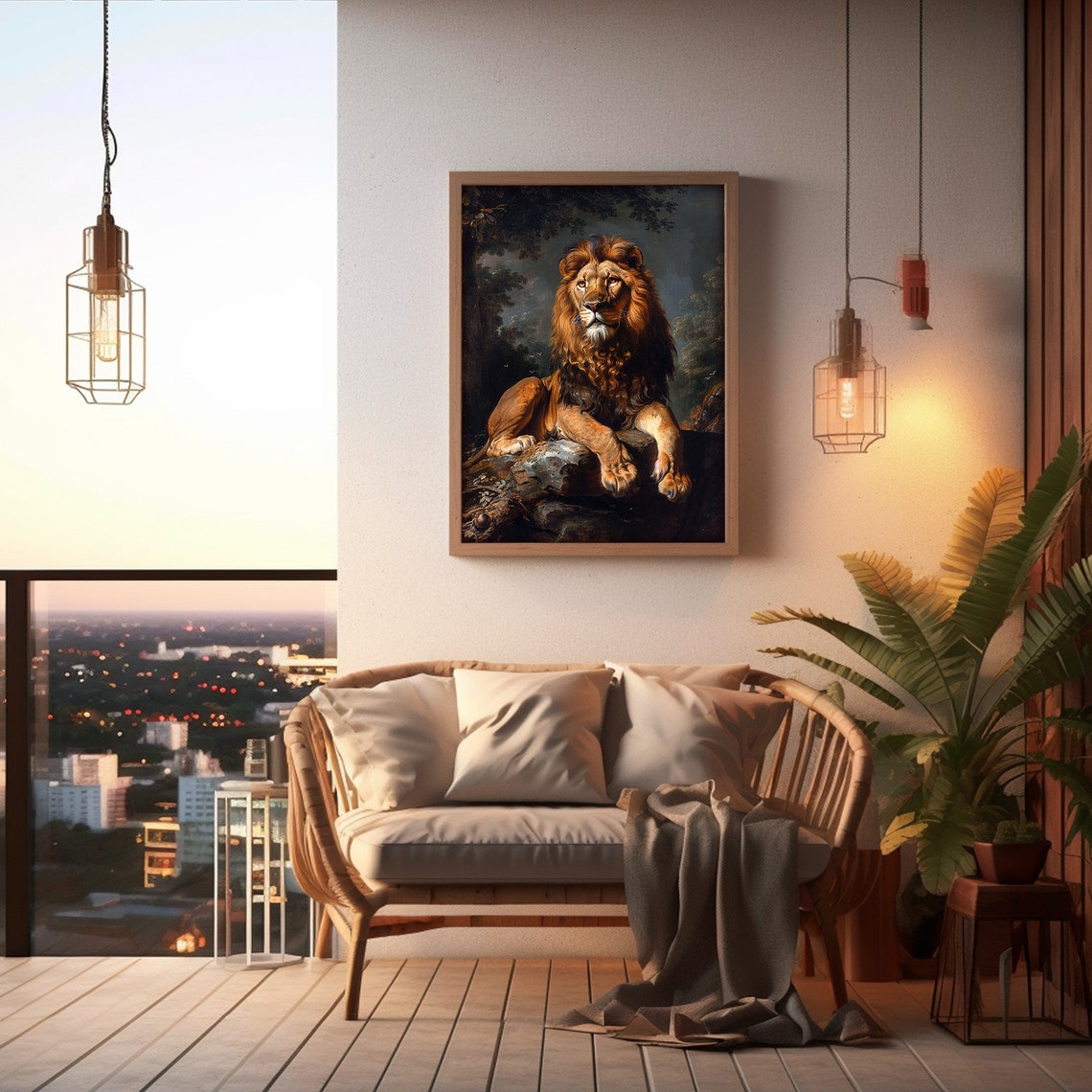 Antique Lion Painting Dark Moody Art Rustic Farmhouse Decor - Image 5