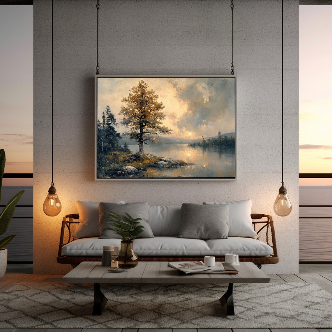 Lone Golden Tree Lake Sunset Rocks Moody Nature Landscape Poster - Image 5